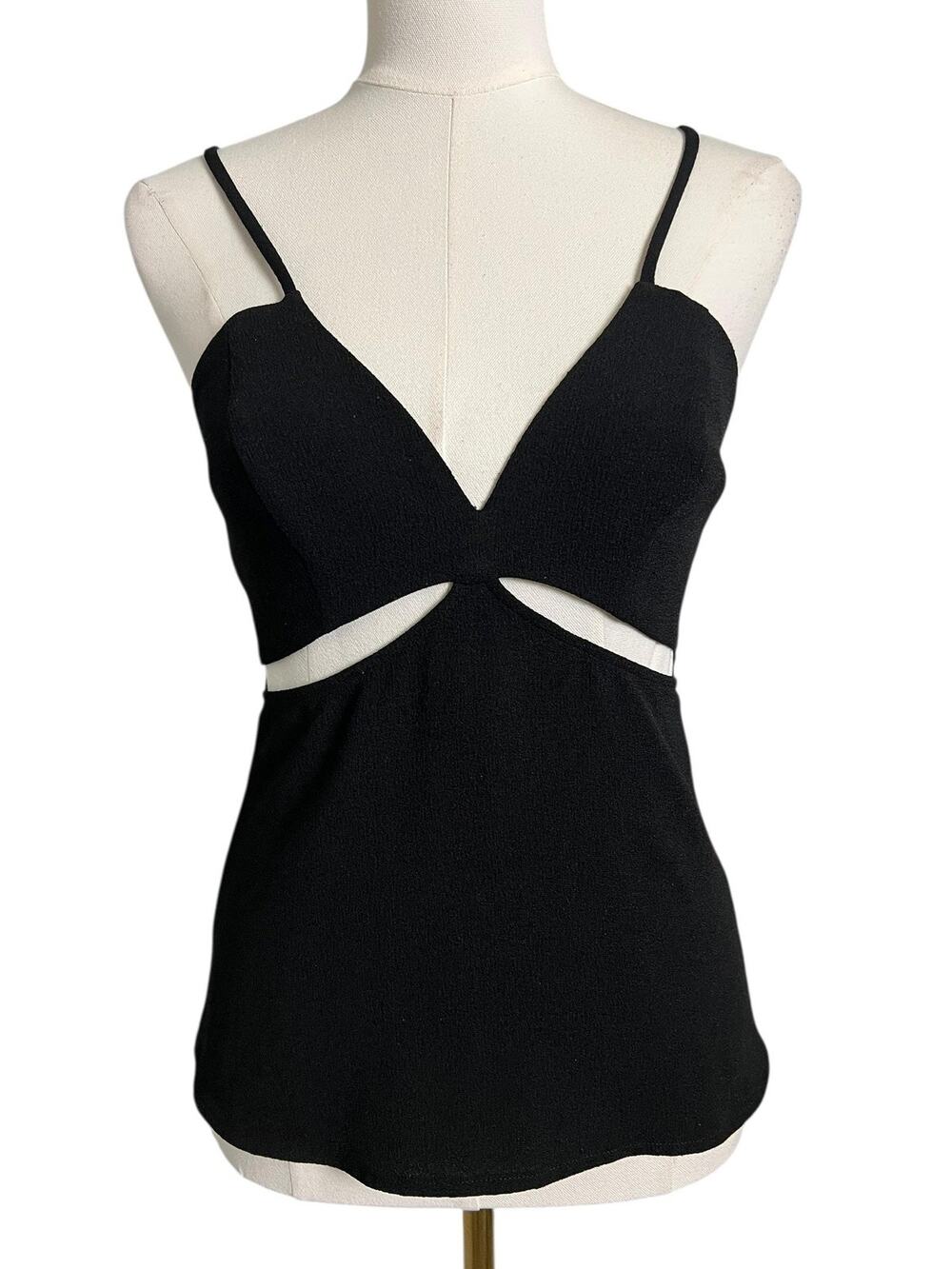 Solemio Black Cutout Tank Top Small Spaghetti Strap Y2K Going Out Cami Festival